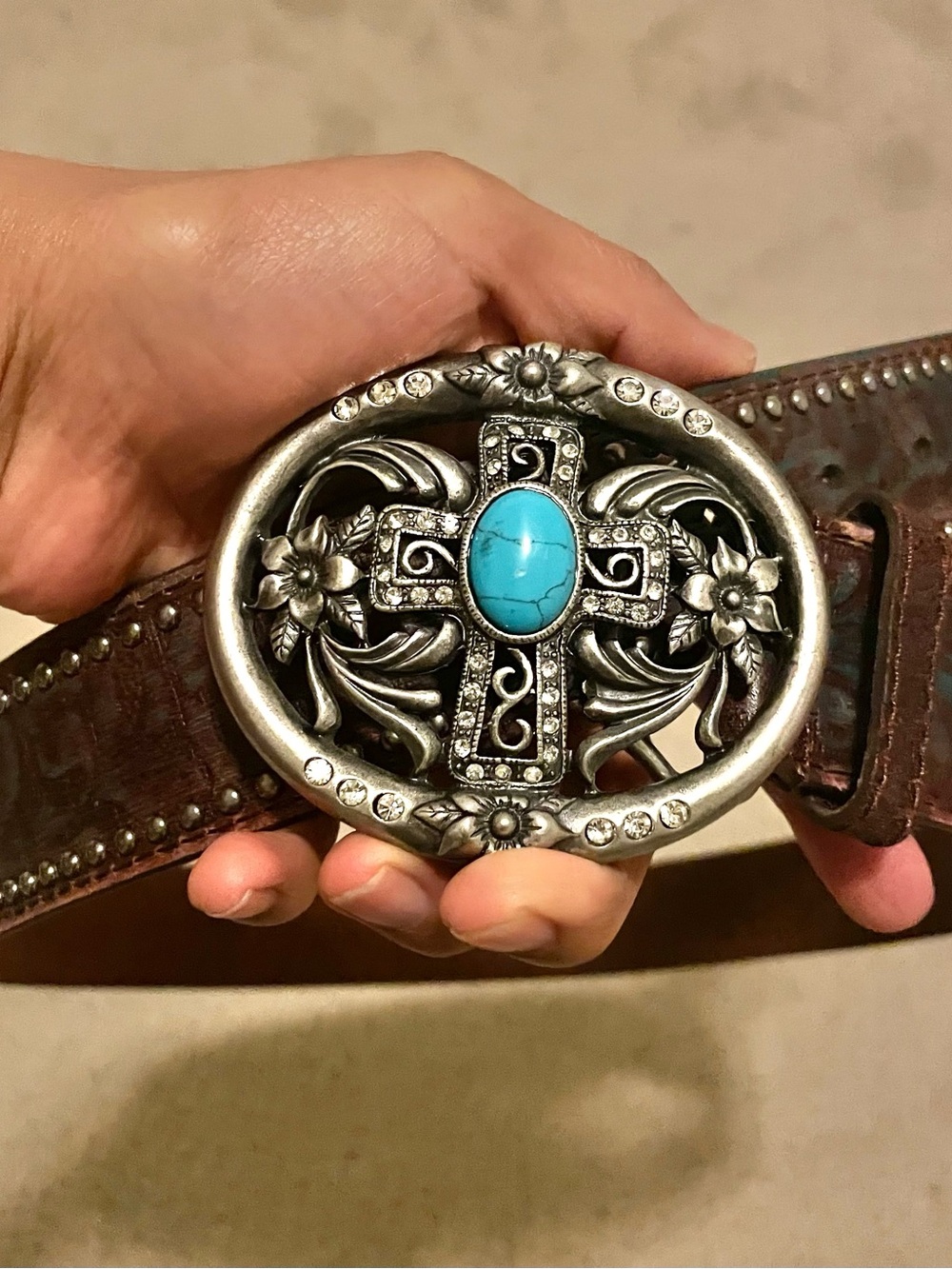 Turquoise Cross Western Belt with Ornate Silver Buckle - Women